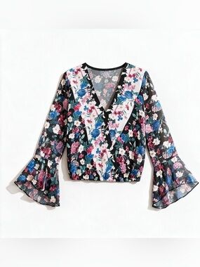 Guess Donna Scarf Bouquet  Floral Print Long Bell Sleeve Top Size Large